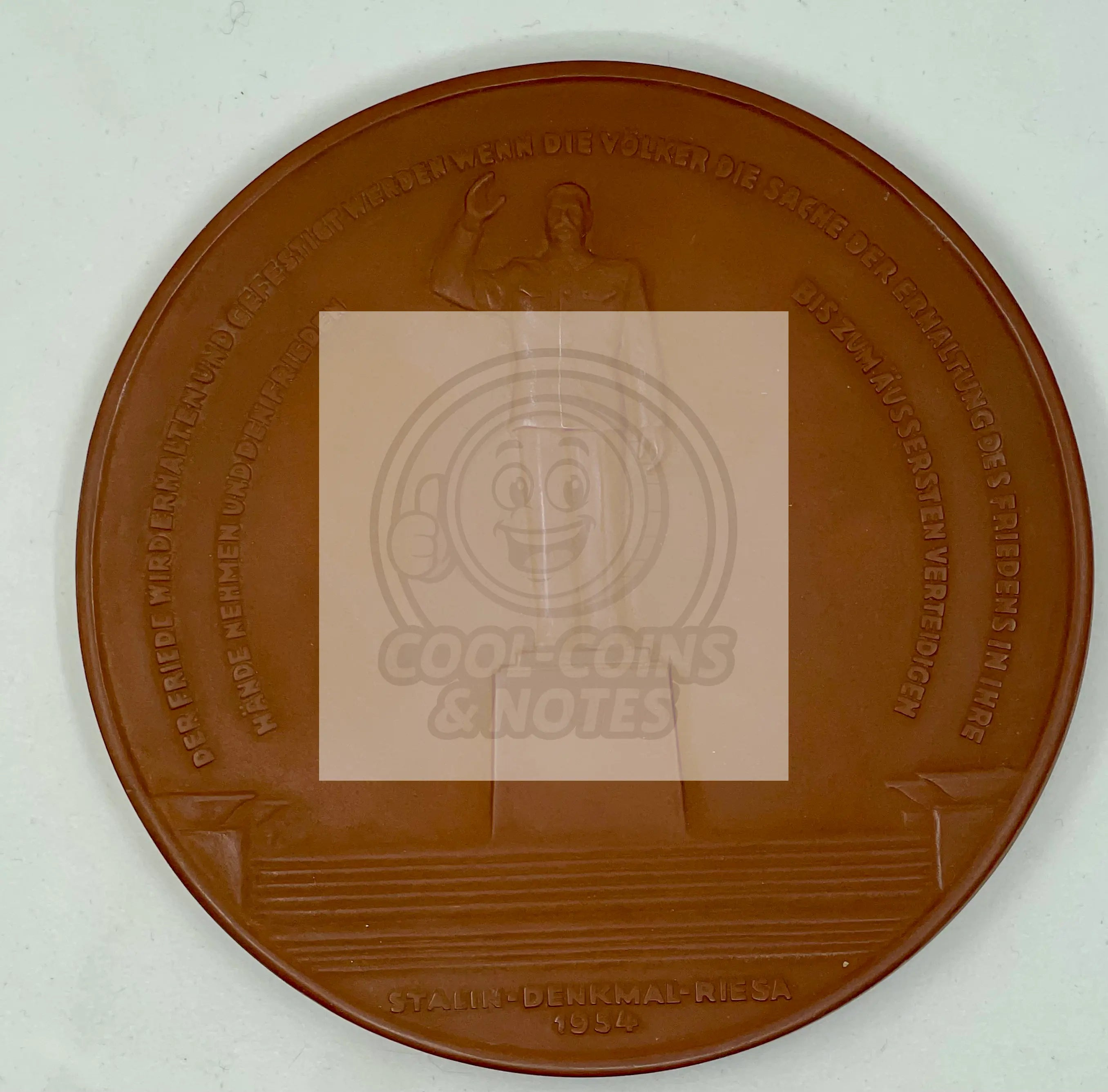 Stalin monument Riesa commemorative medallion 1954 made of Meissen Böttger stoneware with Stalin's relief and monument depiction