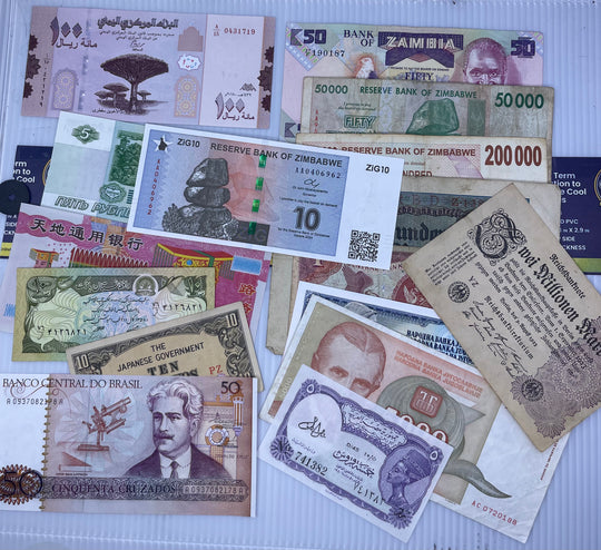 Starter Banknote Set – 14 Notes (Circulated & Circulated) + 2024 Zimbabwe 10 Zig Gold Back Note