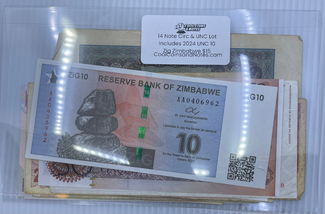Starter Banknote Set – 14 Notes (Circulated & UNC) + 2024 Zimbabwe 10 Zig Gold Back Note - Cool Coins & Notes