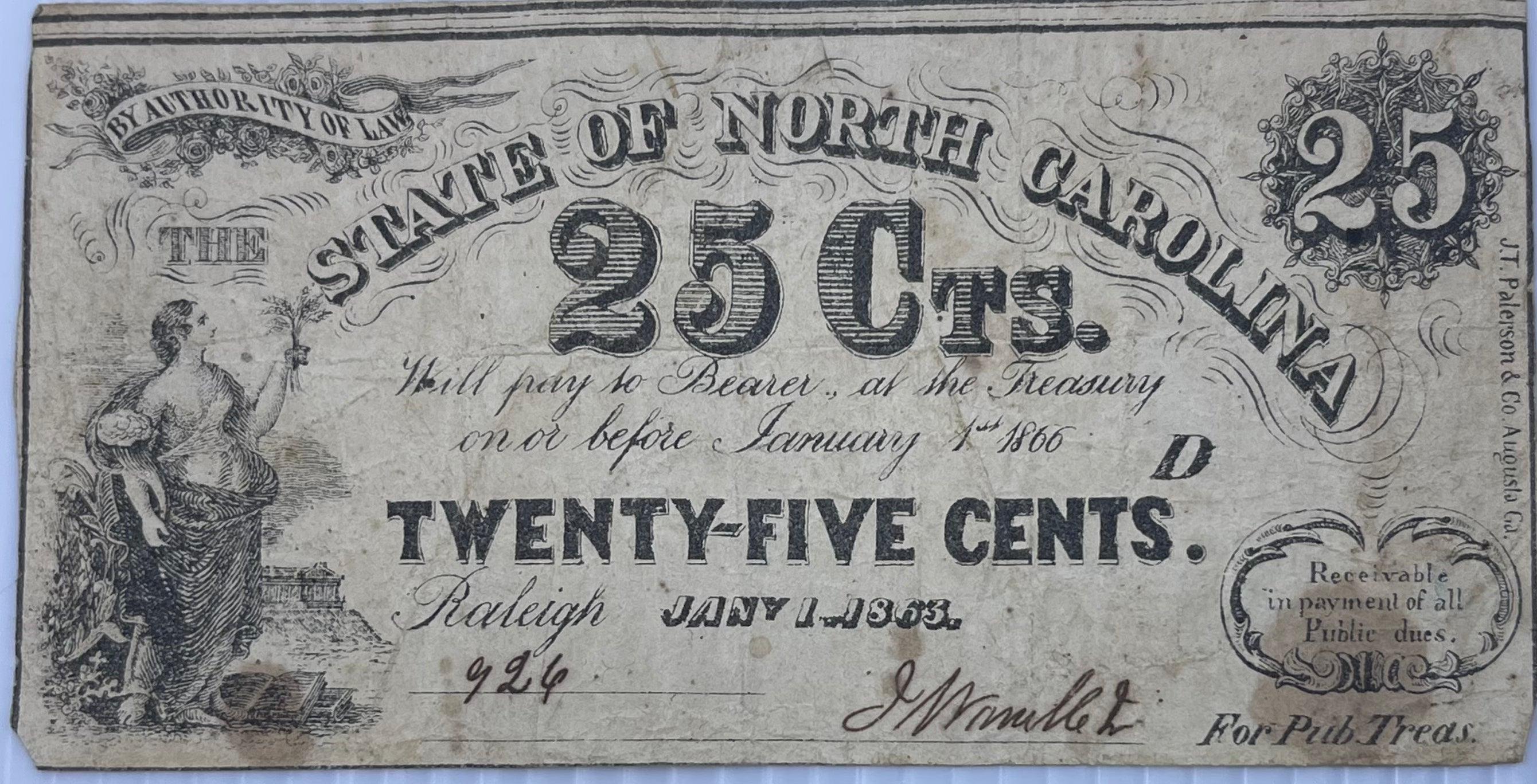 State of North Carolina 1862 25 Cents P-S2357a Banknote - Cool Coins & Notes
