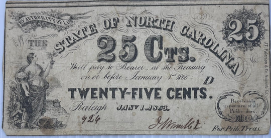 State of North Carolina 1862 25 Cents P-S2357a Banknote