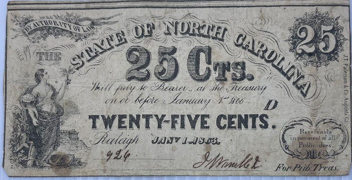 State of North Carolina 1862 25 Cents P-S2357a Banknote - Cool Coins & Notes