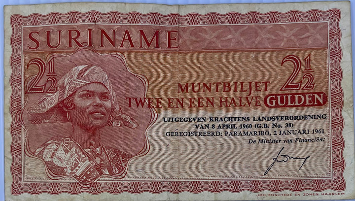 Suriname 1961 2-1/2 Gulden P-117 Used World Banknote - Cool Coins & Notes