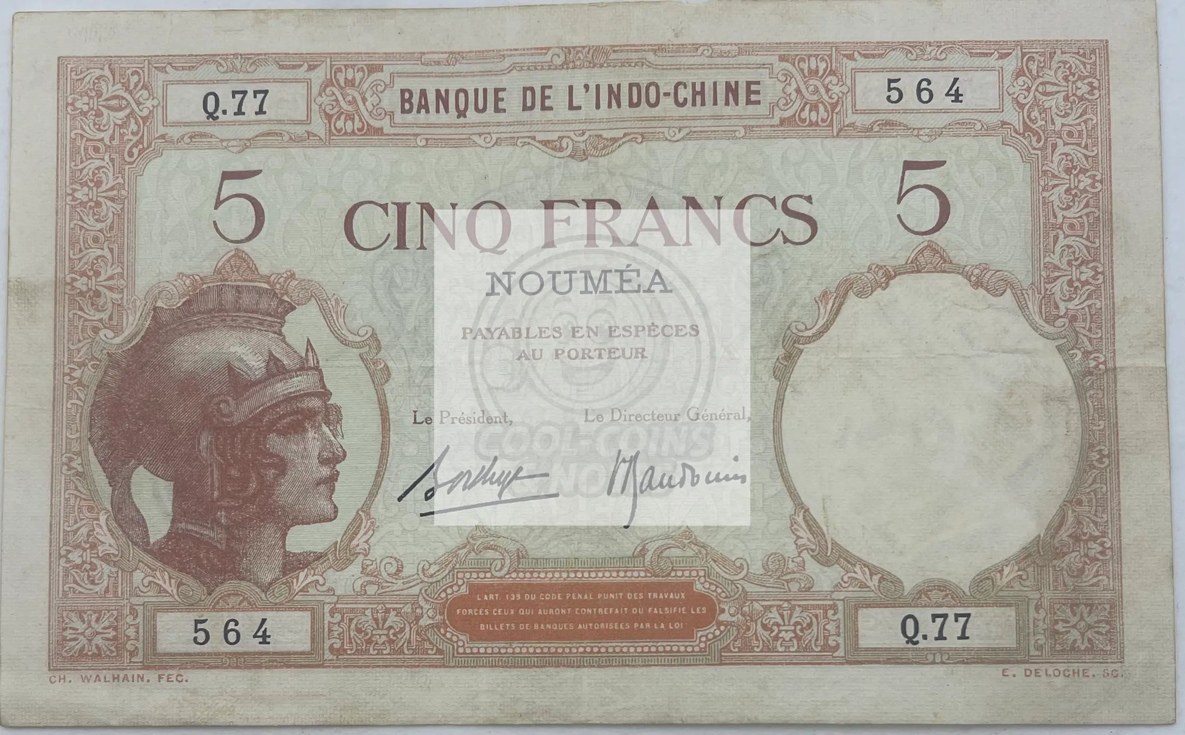 Tahiti 1927 5 Francs P-11c, Used World Banknote Currency - Cool Coins & Notes