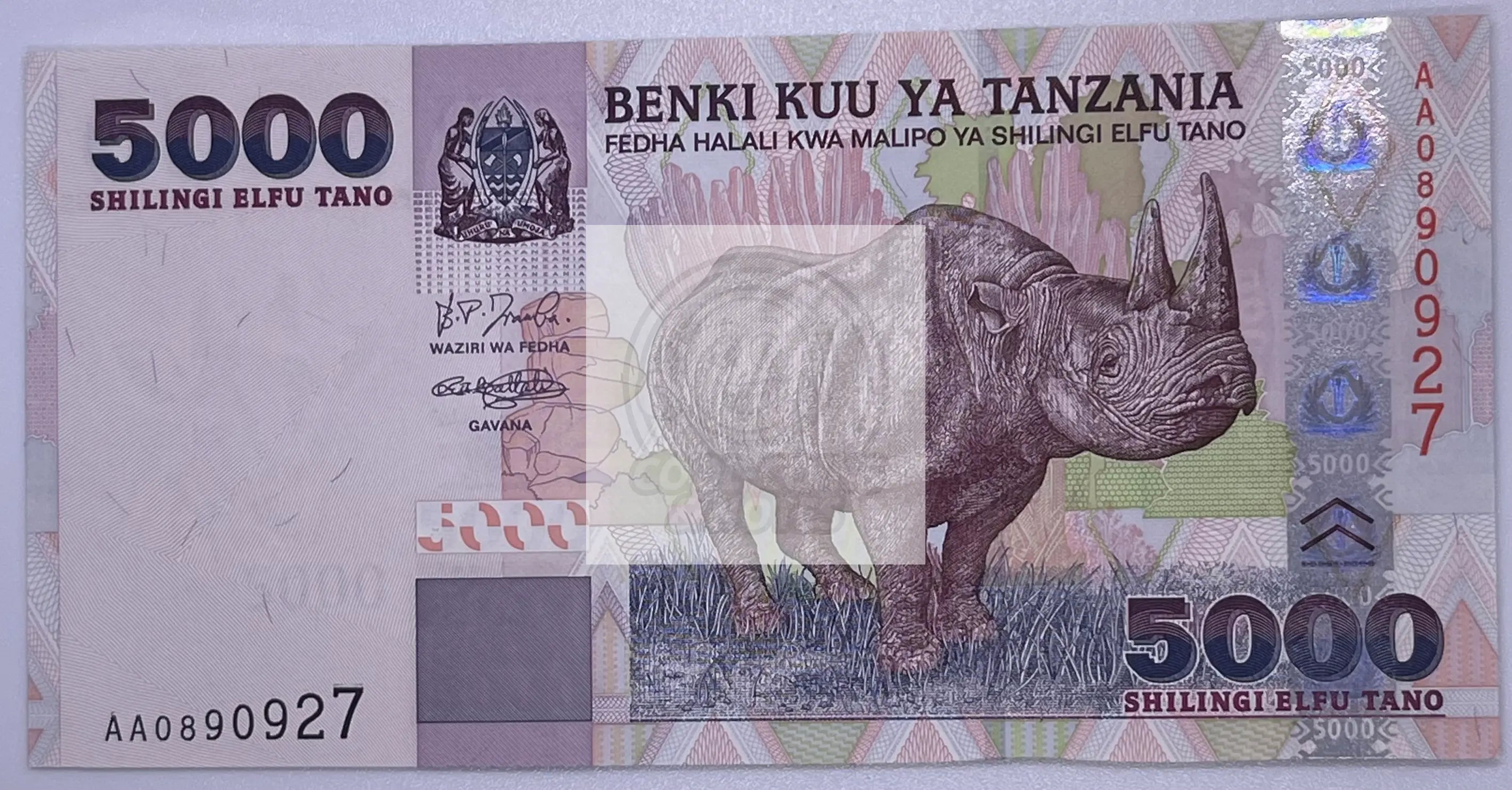 Tanzania 2019 ND - 5000 shillings - Pick 43, UNC Banknote Rhino - Cool Coins & Notes