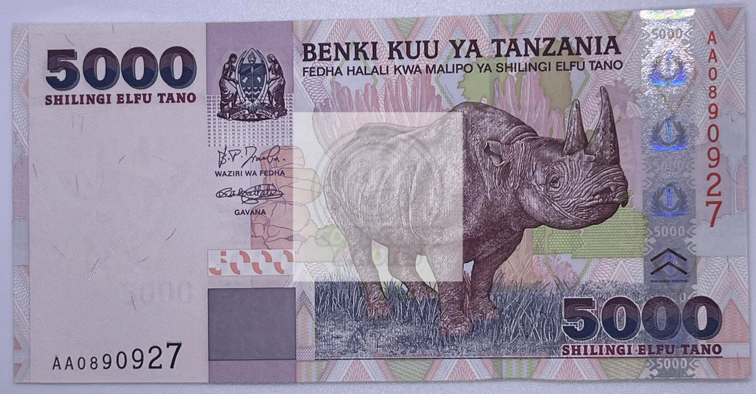 Tanzania 2019 ND - 5000 shillings - Pick 43, UNC Banknote Rhino - Cool Coins & Notes