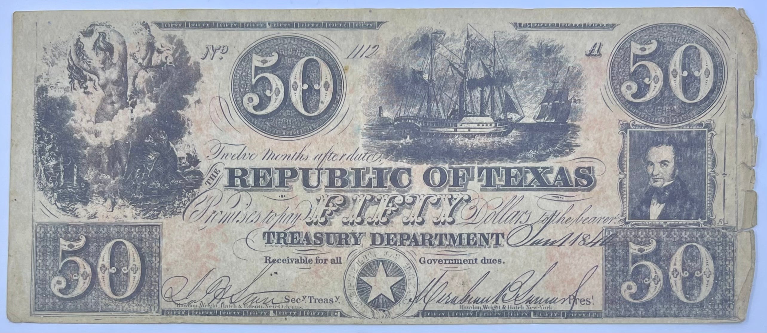Texas 1840 50 Dollars P-28 Used Banknote Cool Coins & Notes 