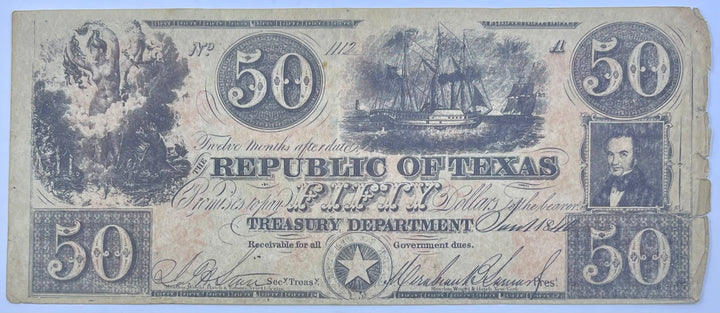 Texas 1840 50 Dollars P-28 Used Banknote Cool Coins & Notes 