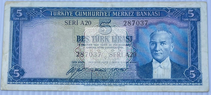 Turkey 1952-1968 5 Lira P-154 Used World Banknote Currency - Cool Coins & Notes