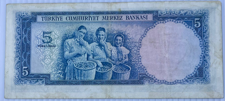 Turkey 1952-1968 5 Lira P-154 Used World Banknote Currency - Cool Coins & Notes