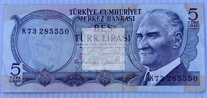 Turkey 1970 5 Lira P-185 Used World Banknote Currency Cool Coins & Notes 