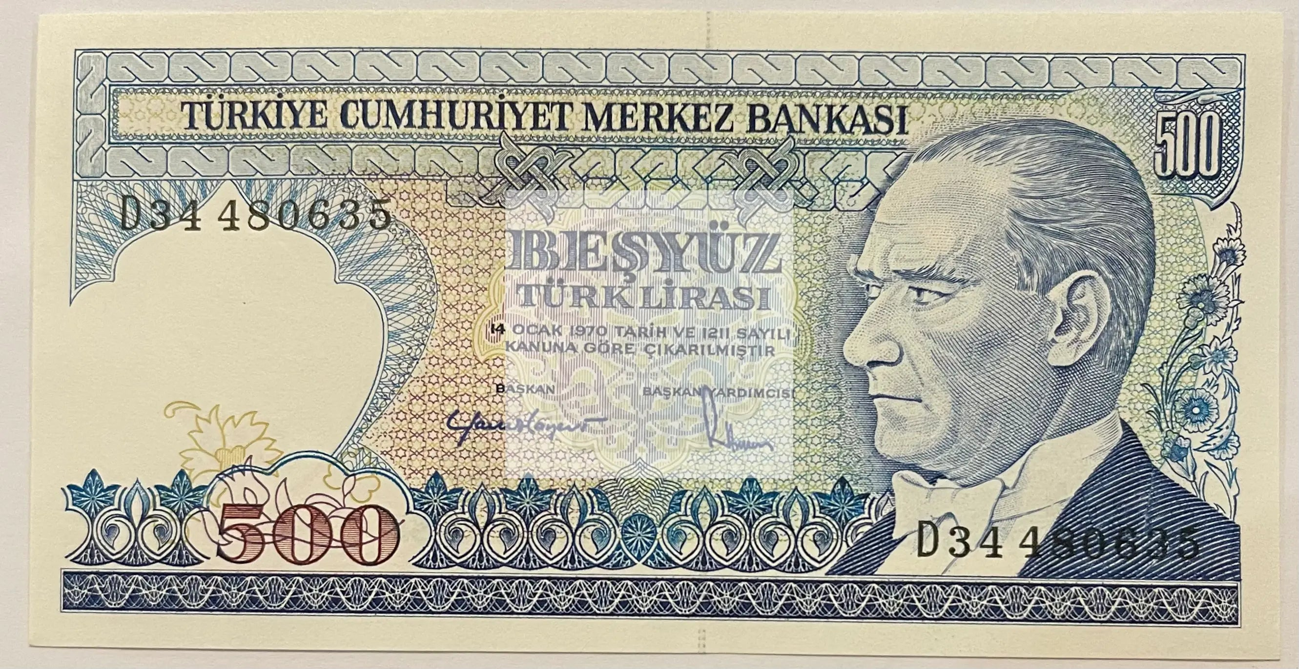 1970 Turkey 500 Lira banknote featuring Mustafa Kemal Atatürk and Ankara Citadel in UNC condition
