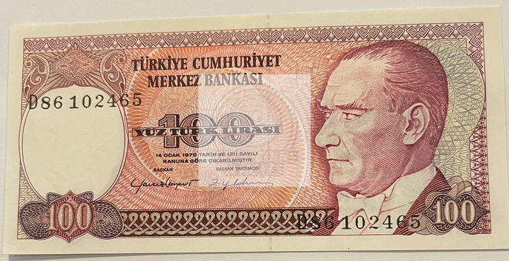 1970 Turkey 100 Lira banknote featuring Mustafa Kemal Atatürk and Selimiye Mosque in UNC condition