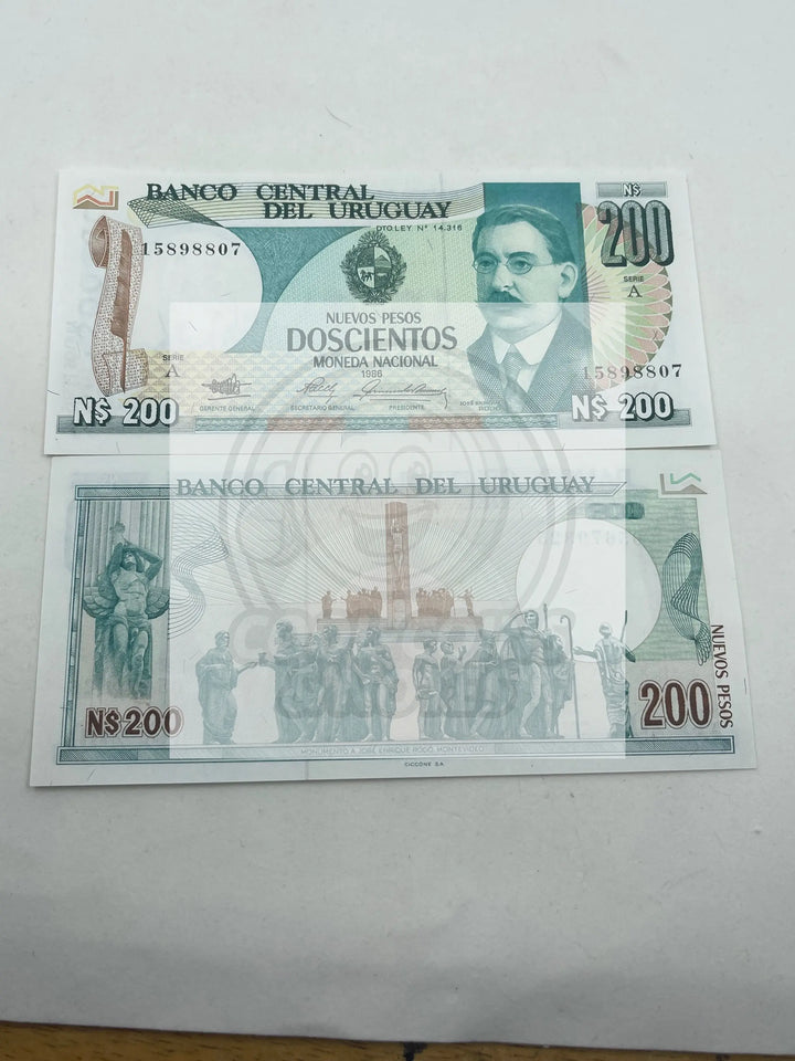 URUGUAY 200 PESOS P66 1986  UNC QUIL HORSE COW MONUMENT Note - Cool Coins & Notes