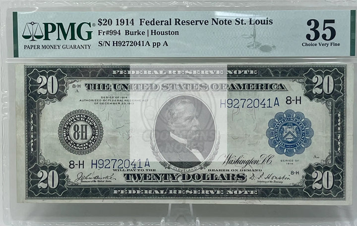 USA 1914 20 Dollar Federal Reserve Note St. Louis FR#994 PMG 35 Banknote SM - Cool Coins & Notes