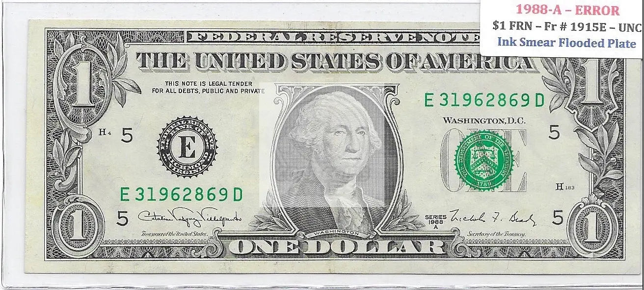 USA 1988 A $1 Error banknote with ink smear and flooded plate design, uncirculated condition