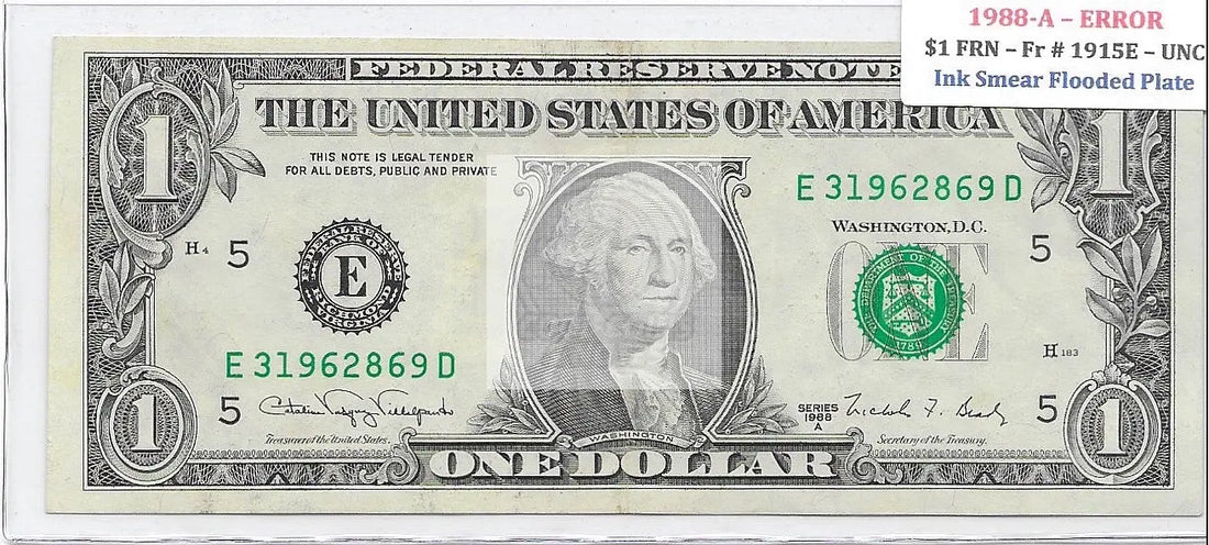 USA 1988 A $1 Error Fr# 1915E UNC Ink Smear Flooded Plate Banknote - Cool Coins & Notes