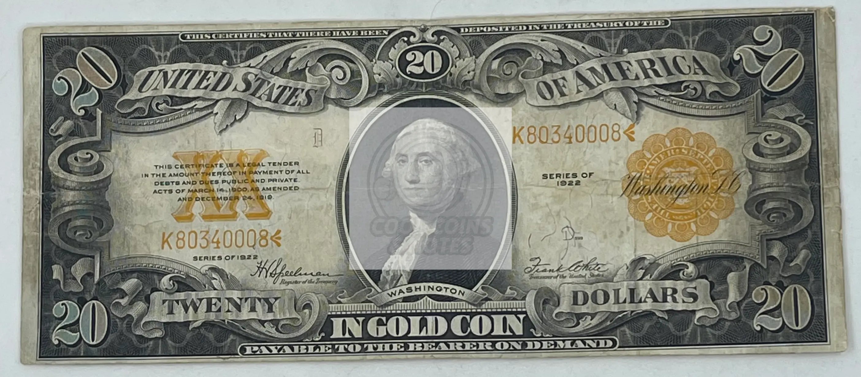 United States 1922 $20 Gold Certificate FR#1187, Banknote - Cool Coins & Notes