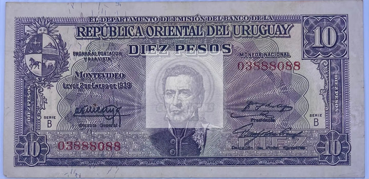 Uruguay 1939 10 Pesos P-37c World Banknote Currency Cool Coins & Notes 
