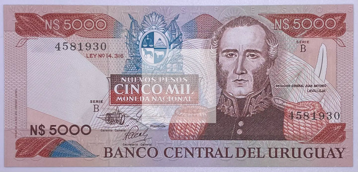 Uruguay 5,000 Nuevos Pesos Banknote, 1983 ND, P-65a.2, UNC, Series B - Cool Coins & Notes
