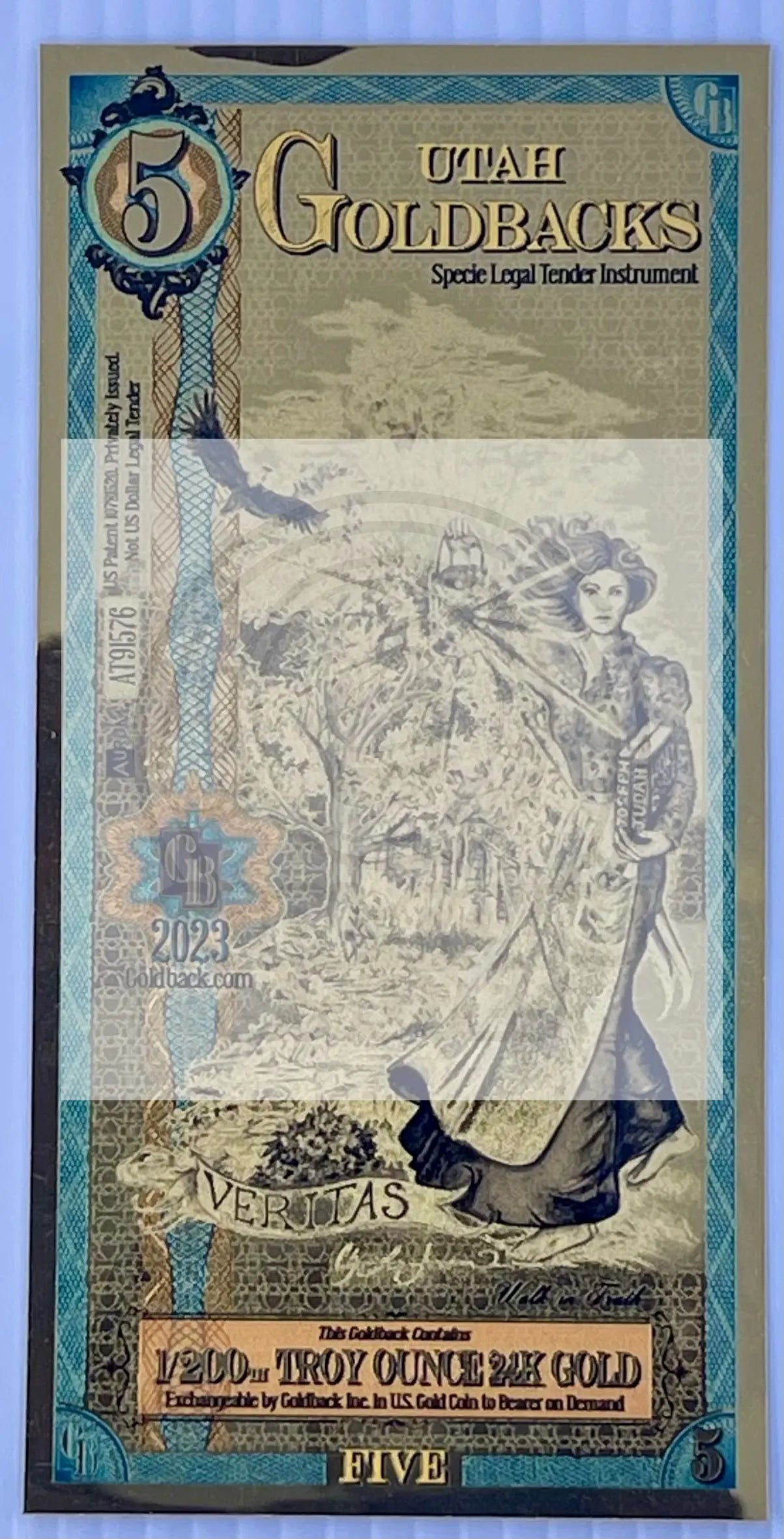 Utah 5 Goldbacks UNC 1/200th oz 24kt .999 Fine Gold Banknote - Cool Coins & Notes