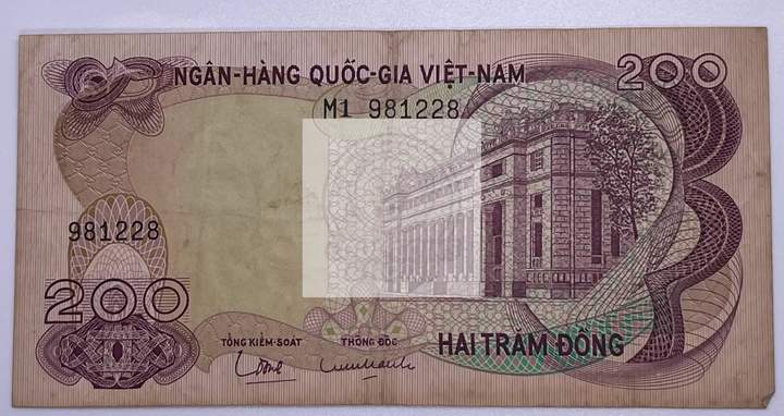 Vietnam South 200 Dong 1970 used banknote featuring historical designs and cultural symbols