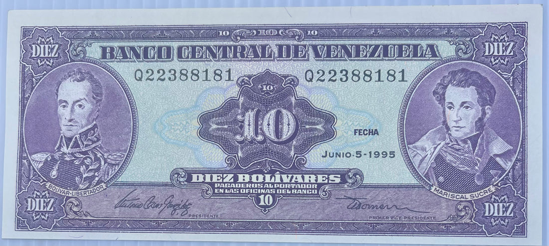 Venezuela 1995 10 Bolivars P-61d UNC Banknote - Cool Coins & Notes