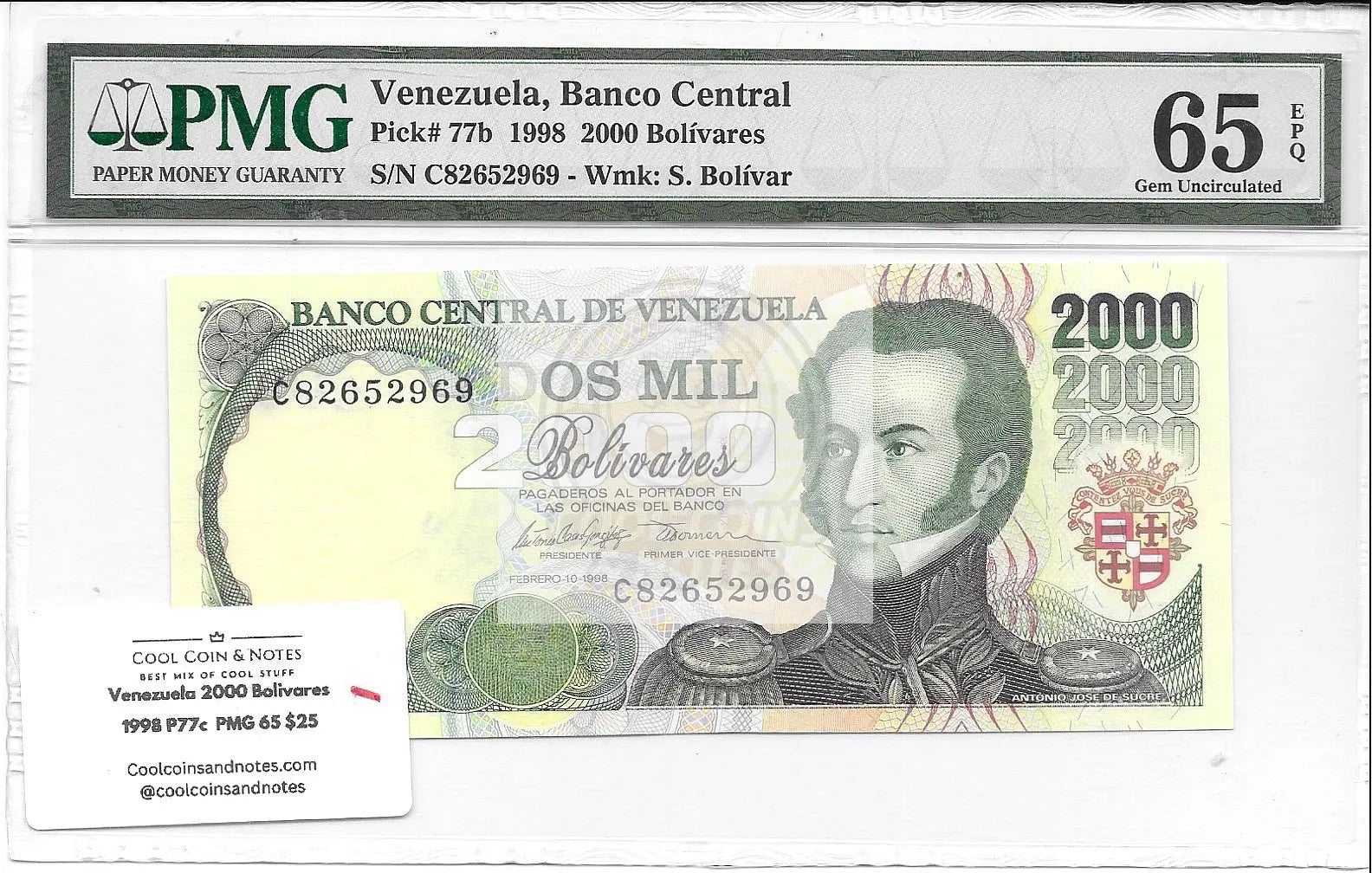 Venezuela 2000 Bolivares 1998 P 77 c Superb Gem UNC PMG 65 EPQ - Cool Coins & Notes