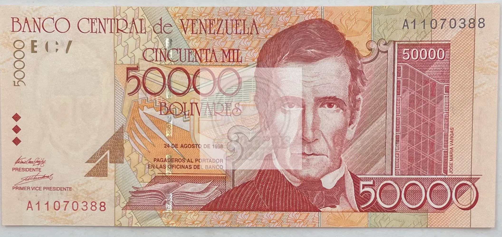 Venezuela 50000 Bolivares 1998 banknote featuring Simon Bolivar portrait and cultural motifs
