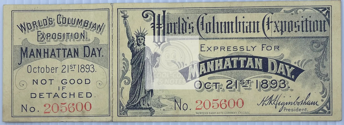 Worlds Fair Chicago 1893 Manhattan Day Unused Ticket - Cool Coins & Notes