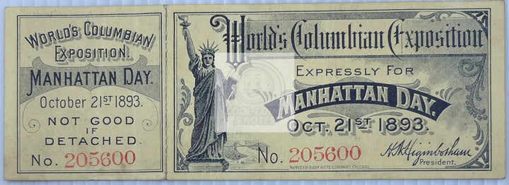 Worlds Fair Chicago 1893 Manhattan Day Unused Ticket - Cool Coins & Notes