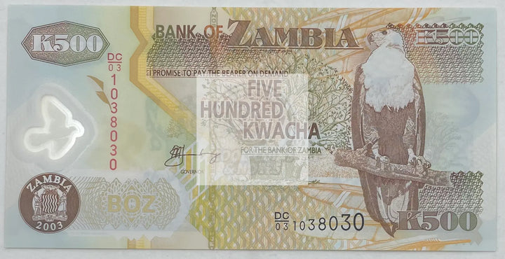 Zambia 500 Kwacha Banknote, 2003, P-43b, UNC, Polymer - Cool Coins & Notes