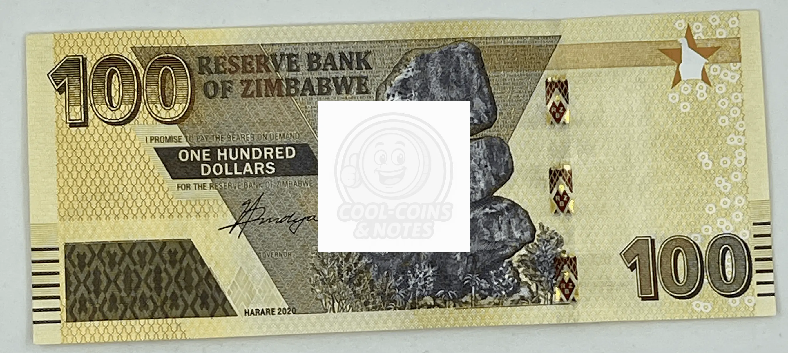 Zimbabwe 100 Dollars 2020 P-106 UNC banknote featuring Chiremba Balancing Rocks and Reserve Bank of Zimbabwe building