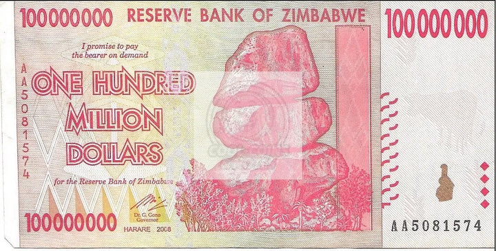 Zimbabwe 100 Million Dollar Bill Banknote P-80  - Pre Trillion Series - Cool Coins & Notes