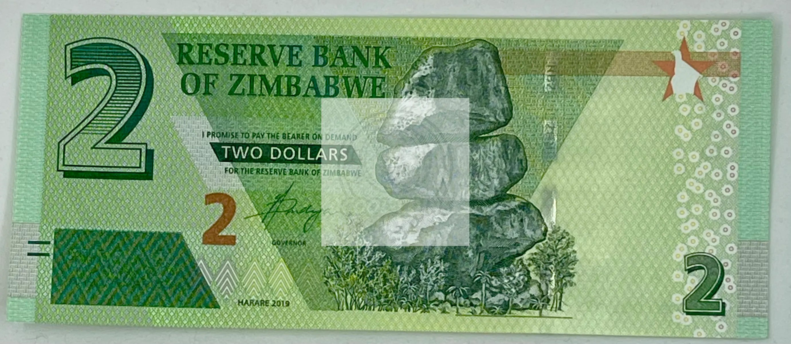Zimbabwe 2 Dollars Banknote 2019 P-101 uncirculated featuring Chiremba Balancing Rocks and Eastern Highlands