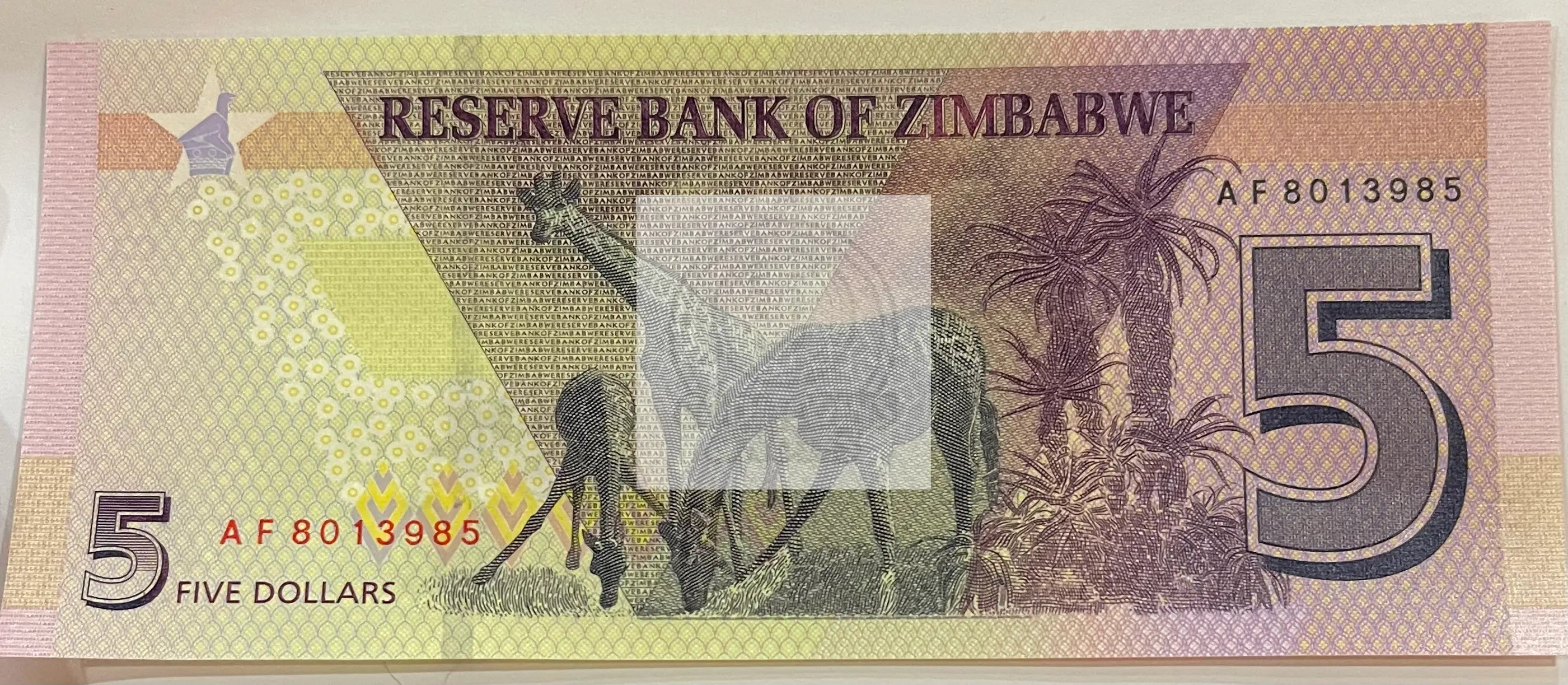 Zimbabwe 5 Dollars Banknote 2019 featuring Chiremba Balancing Rocks and Eastern Highlands in uncirculated condition