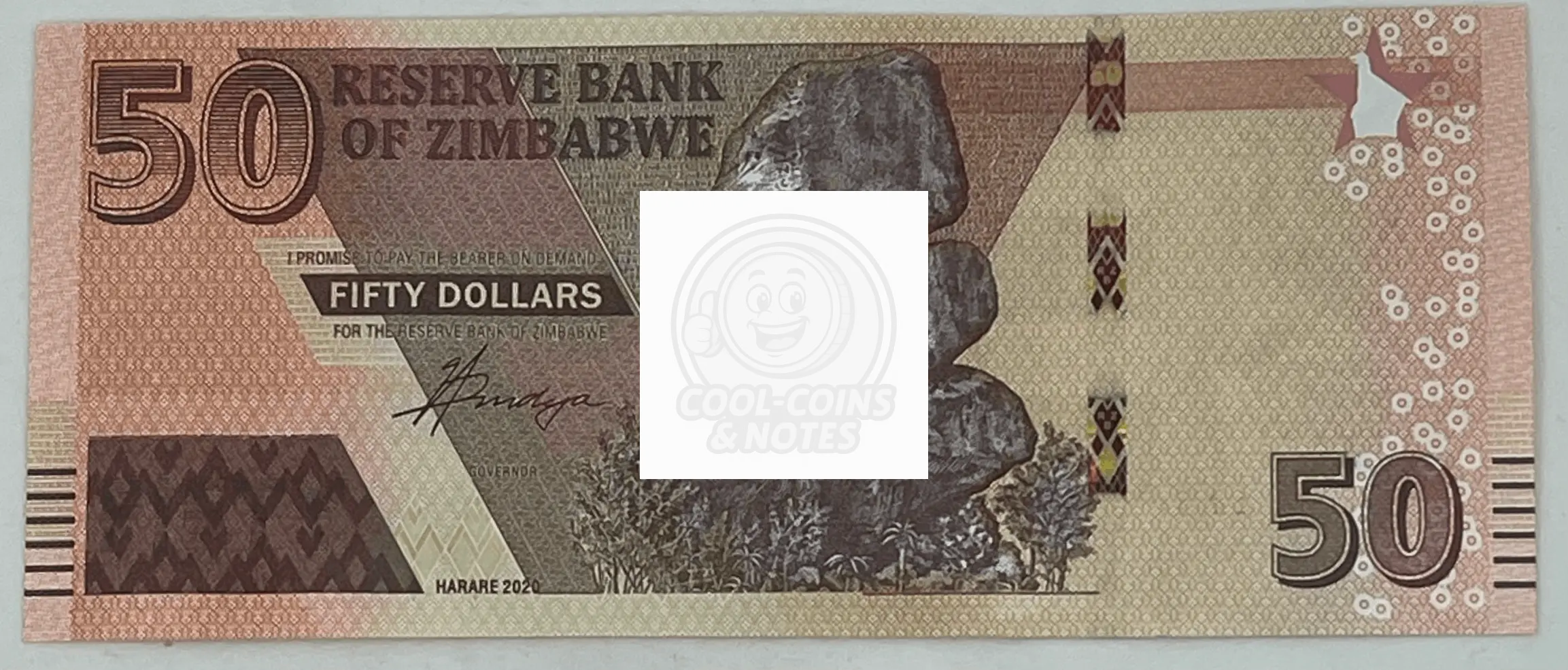 Zimbabwe 50 Dollars banknote 2020 featuring Chiremba Balancing Rocks and Victoria Falls in uncirculated condition