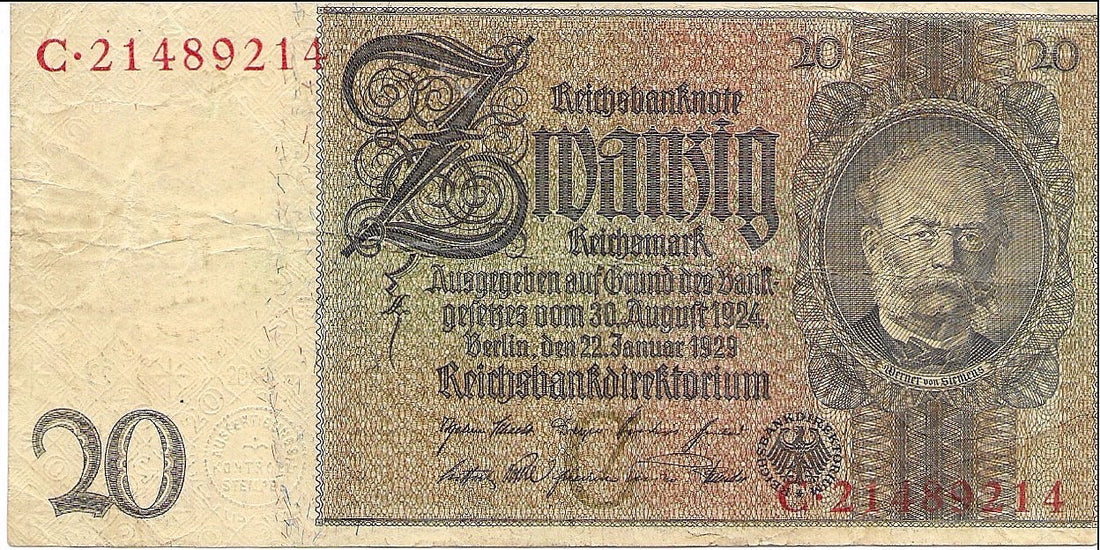 1929 Germany 20 Mark P-181 Used Banknote - Cool Coins & Notes