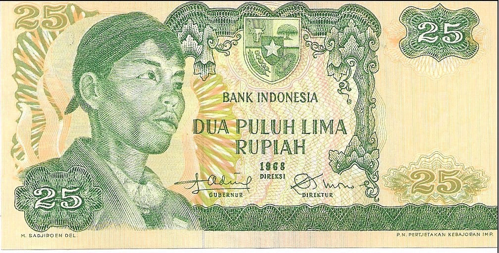 1968 Indonesia 25 Rupiah P-106 UNC Banknote - Cool Coins & Notes
