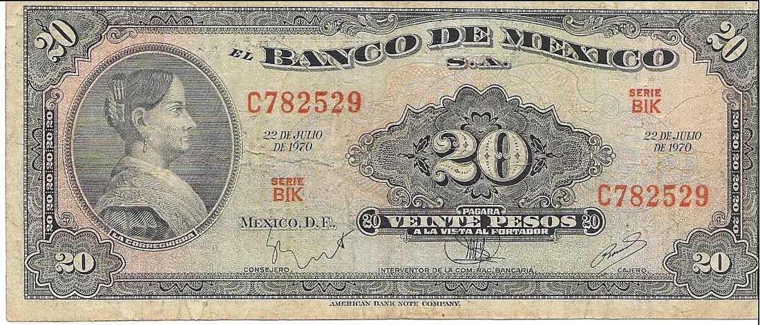 1970 Mexico 20 Pesos Series BIK Prefix C Scarce  Banknote P-54p