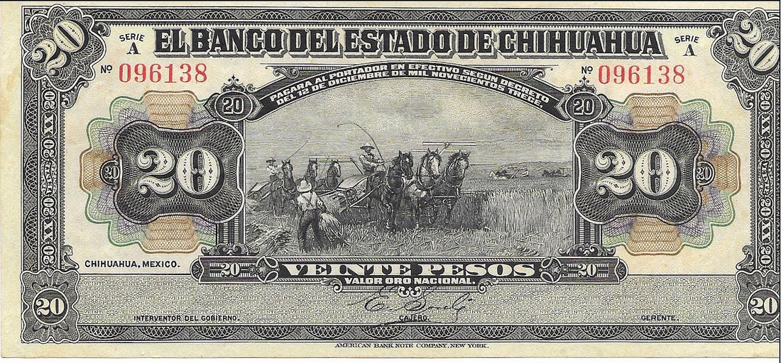 20 Pesos Harvesting 1913 Chihuahua Mexico Series A UNC