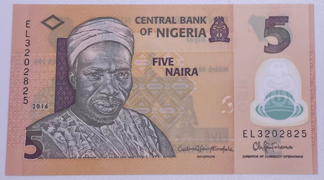 2016 Nigeria 5 Naira Polymer P-38g UNC Banknote