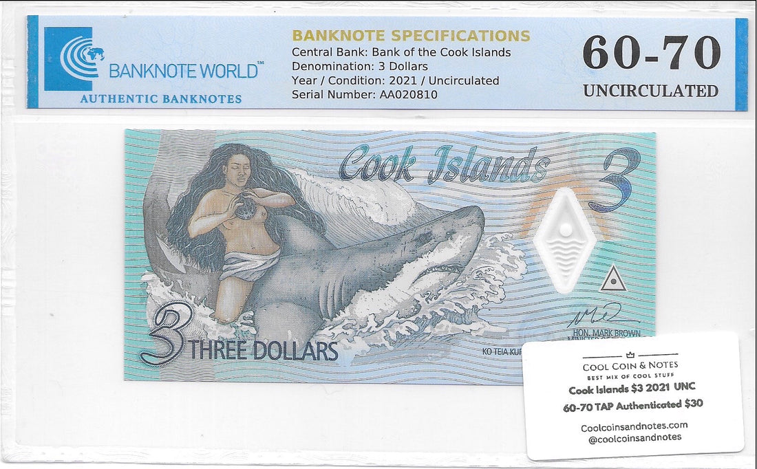 Cook Islands $3 2021  UNC 60-70 Authenticated - Cool Coins & Notes
