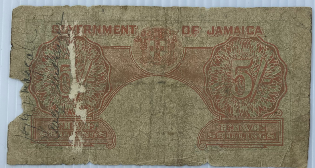 Jamaica 1940-1950 5 Shilling P-37, Used World Banknote Currency