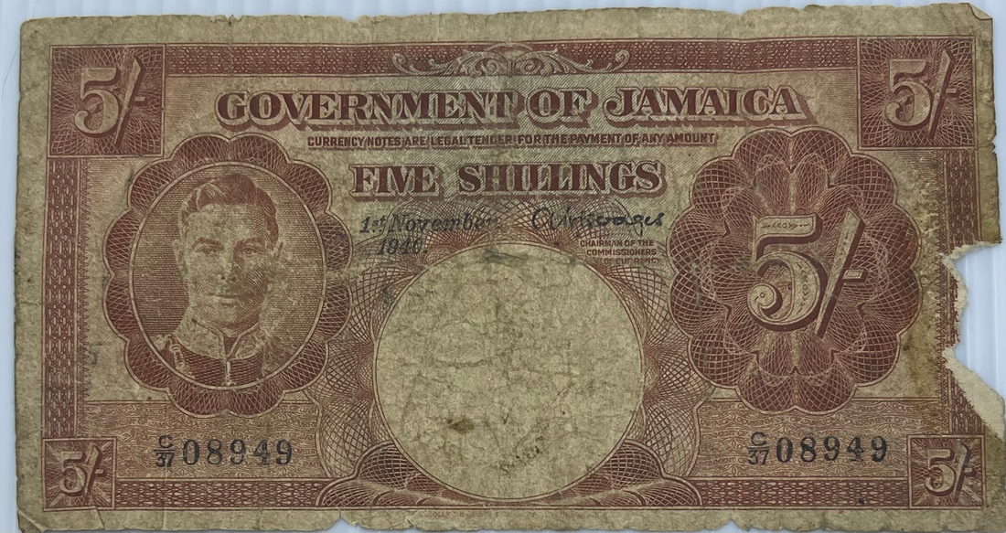 Jamaica 1940-1950 5 Shilling P-37, Used World Banknote Currency