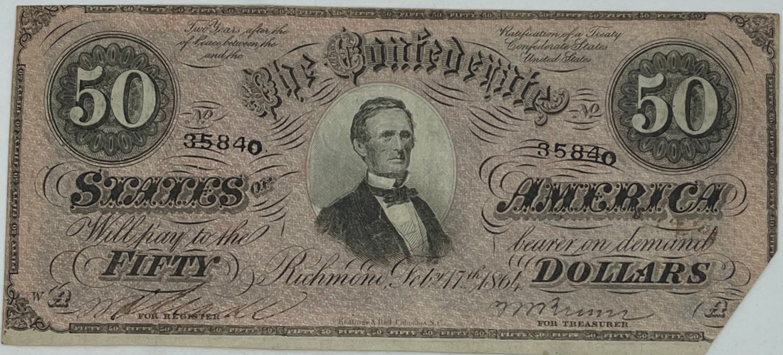 1865 Confederate States of America 50 Dollars P-70 AU, Banknote