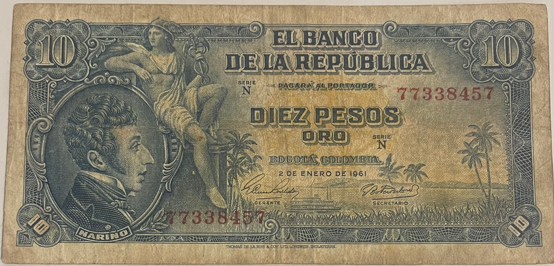 Columbia 1958 10 Pesos Oro P-400b, Used World Banknote