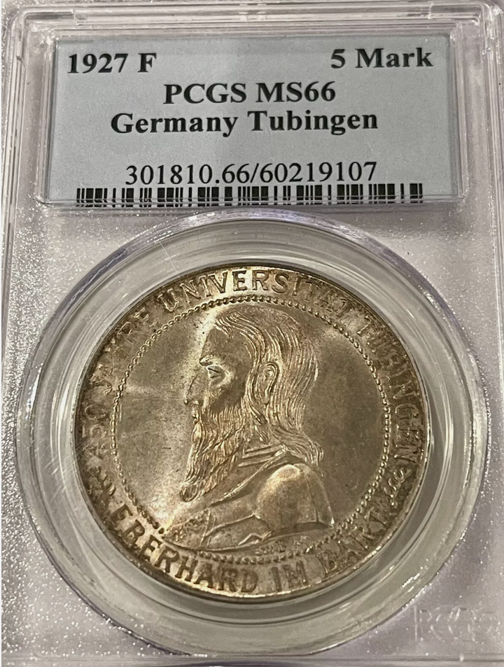 1927 F GERMANY. Weimar Republic Tubingen 5 Mark. Stuttgart Mint. PCGS MS-66 SM14 - Cool Coins & Notes