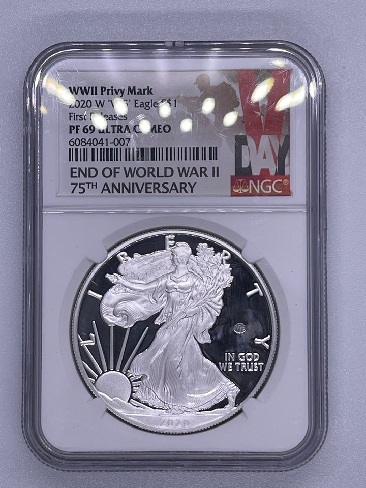 2020 W $1 NGC PF69 ULTRA CAMEO V75 PRIVY SILVER EAGLE WORLD WAR II 75th ANN