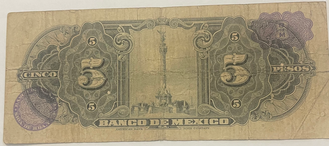 1953 Mexico 5 Pesos P-34l.1, Used World Banknote